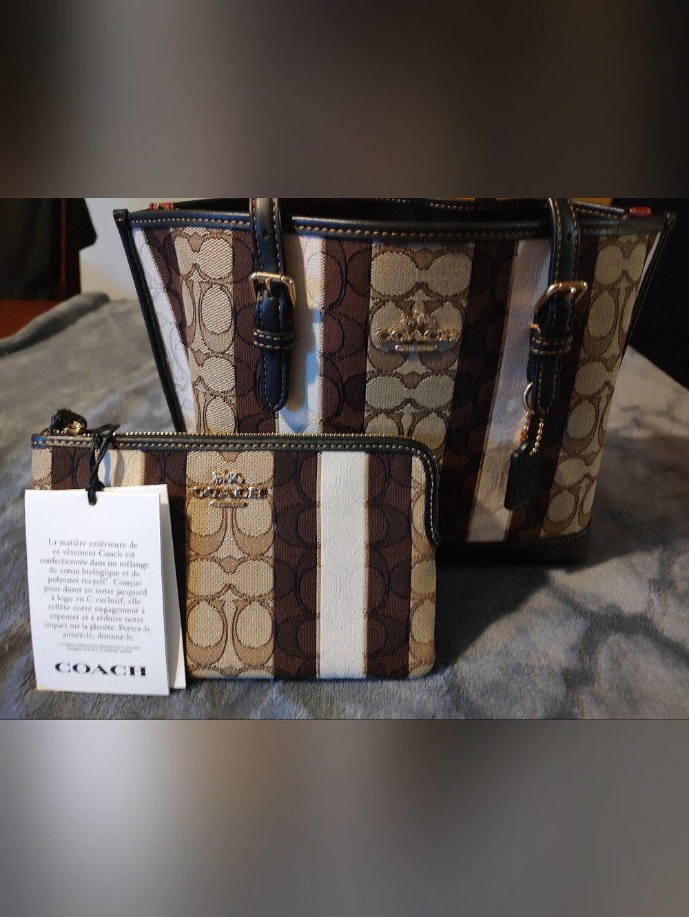 Coach Signature Stripe Tote and Wristlet Set in Brown/Beige